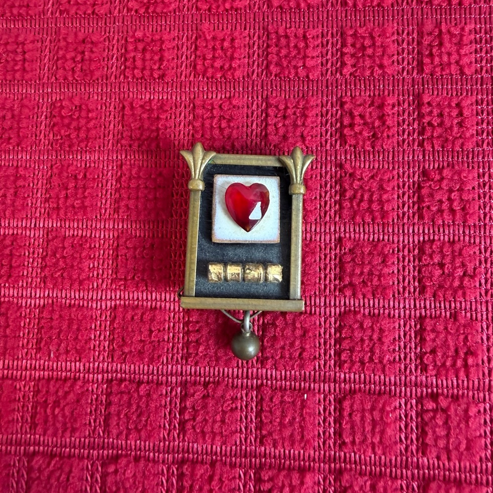 Susan Gould Heart Pin Brooch Red Glass Heart Faux Pearl Drop Signed